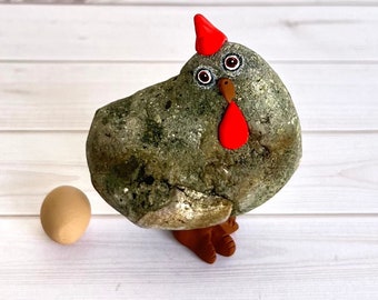 Hand Painted Natural Rock, Rock Hen. Painted Stone. Pebble Art