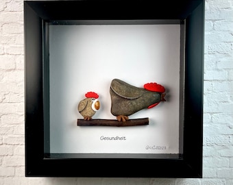 Shadow box, Pebble Art, RockArt, Rock chicken shadow box, Rock pig shadow box.