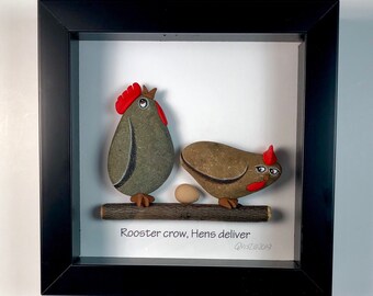 Roosters crow, hens deliver. Shadow Box 6 X 6, Pebble Art, natural River Rocks.