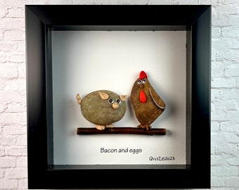 Shadow box, Pebble Art, RockArt, Rock chicken shadow box, Rock pig shadow box, Restaurant decor,