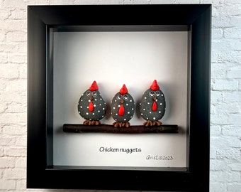 Shadow box, Pebble Art, RockArt, Rock chicken shadow box, Rock pig shadow box, Restaurant decor,