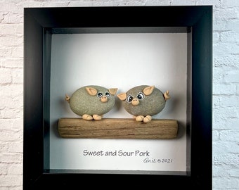 Shadow box, Pebble Art, RockArt, Rock chicken shadow box, Rock pig shadow box, Restaurant decor,