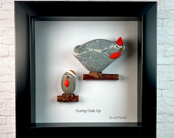 Shadow box, Pebble Art, RockArt, Rock chicken shadow box, Restaurant decor,