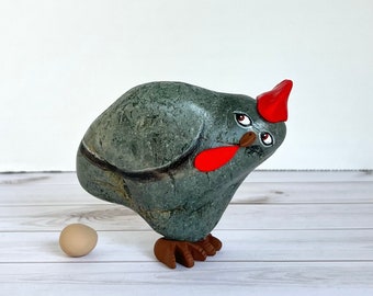 Hand Painted Natural Rock, Rock Hen. Painted Stone. Pebble Art