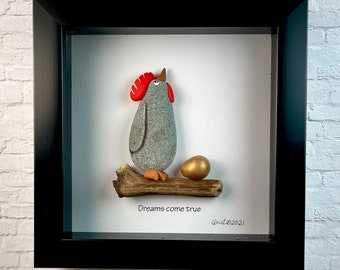 Shadow box, Pebble Art, RockArt, Rock chicken shadow box, Rock pig shadow box, Restaurant decor,