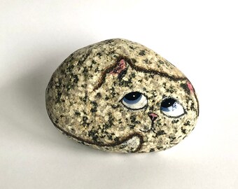 Hand Painted River Rock Cat with blue eyes.