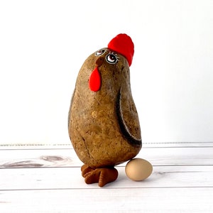 Hand Painted Natural Rock, Rock Hen. Painted Stone. Pebble Art image 1