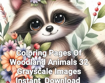 May include: A cute cartoon raccoon wearing a flower crown. The raccoon is surrounded by flowers and greenery. The text "Coloring Pages Of Woodland Animals 32 Grayscale Images Instant Download" is written below the raccoon.