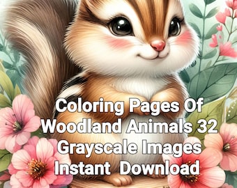 Woodland Animals Coloring Pages: 18 Grayscale Images (Digital Download)