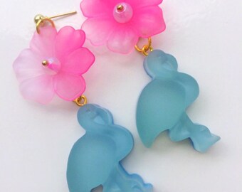 Rockabilly Flamingo Earrings, Kitsch Earrings, Kawaii Jewelry, Flower Earrings, Tropical Earrings, Florida, Pinup Jewelry, Retro Jewelry, 90