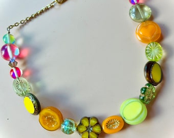 90s Peace Love and Happiness Flower Child Boho Beaded Choker, Kitsch, Kawaii,    Indie Inspired