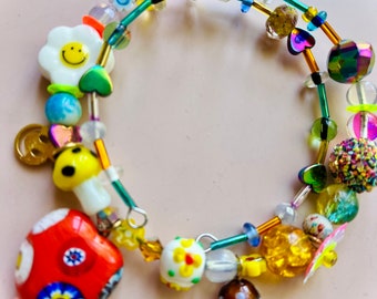 Kidcore,  Flower, Y2K,  90s Hippie Mushroom Daisy Flower Choker, Kitsch Beaded, Millifiori Beads, Lamp-work Beads, Kawaii, Boho Whimsical