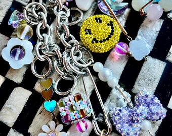 Kawaii Kitsch Charm Necklace, Bows, Daisies, Crystal Butterflies
