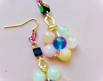 Retro Daisy Flower Core Earrings Crystal Quartz Cosmic Cluster Gemstone Earrings, Flower Power Earrings, Boho,