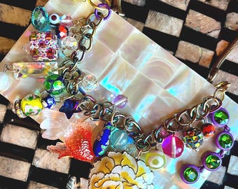 Kawaii Charm Bracelet, Koi and Cloisonné Jewelry, Boho Glam