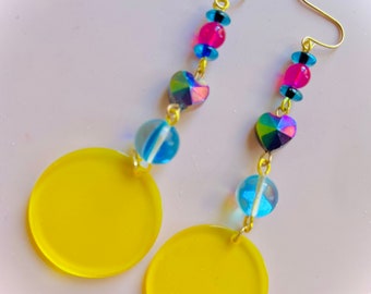 Candy Drop Heart Earrings, Yellow Geometric Circle Drop Earrings, Neon Jewelry,