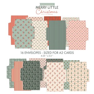 Pode incluir: Um conjunto de 16 envelopes estampados, tamanho A2, com vários desenhos, incluindo riscas, azevinho e bengalas doces. Os envelopes medem 10,8 cm x 14 cm e fazem parte de um kit de artesanato em papel imprimível com o texto "Merry Little Christmas".