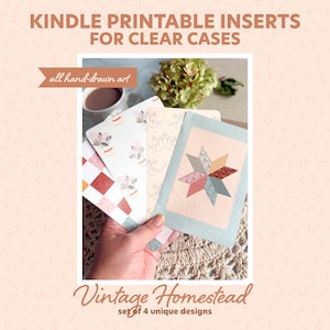 May include: A set of four rectangular Kindle printable inserts for clear cases featuring hand-drawn art. Designs include a red and white checkerboard, floral vases, a delicate line-art pattern, and a central multi-coloured star quilt motif.