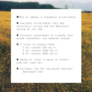 May include: A white card with black text describing a mix of annual and perennial wildflowers. The text includes information about the wildflowers, such as the size options, coverage area, sunlight requirements, and suitable regions. The card is set against a background of yellow wildflowers.