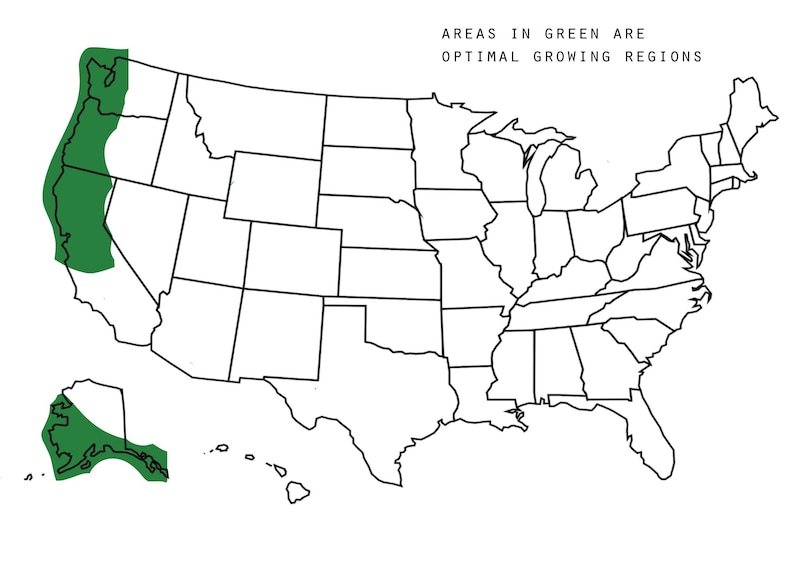 May include: A map of the United States showing the optimal growing regions in green. The text "AREAS IN GREEN ARE OPTIMAL GROWING REGIONS" is at the top of the map.