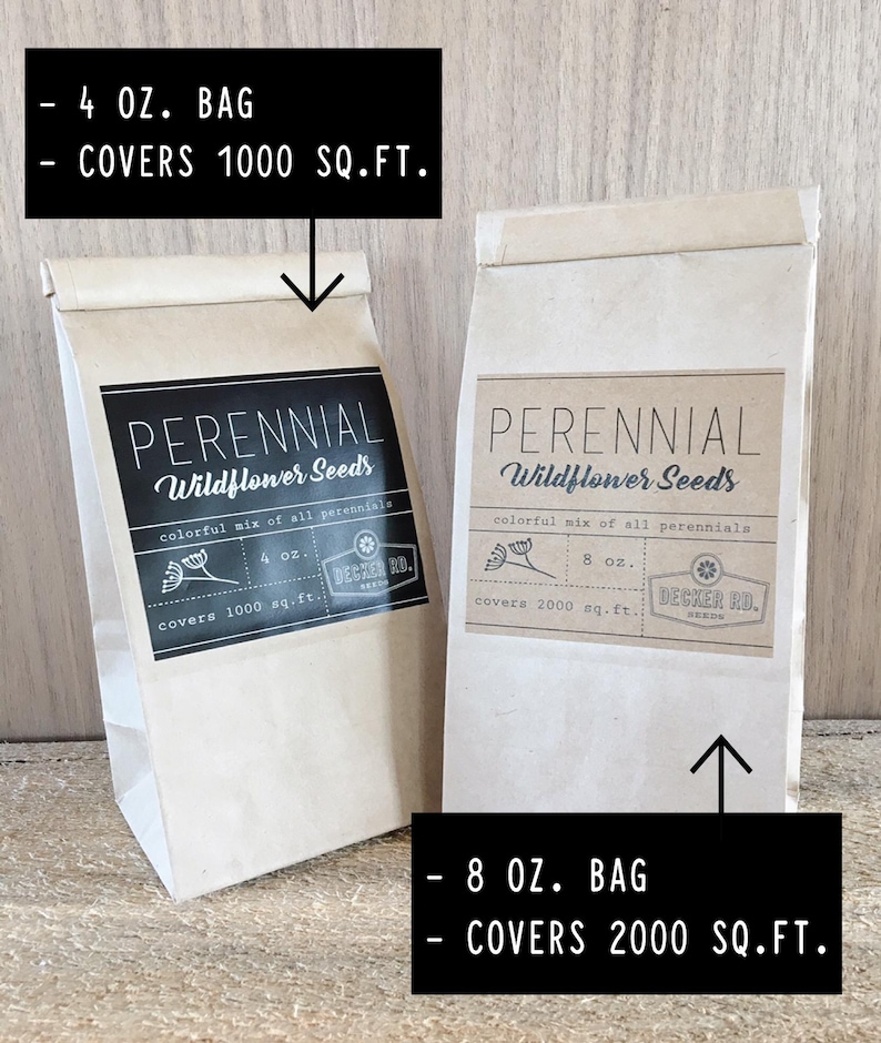 May include: Two brown paper bags with labels for perennial wildflower seeds. The smaller bag is labeled "4 oz. bag covers 1000 sq. ft." and the larger bag is labeled "8 oz. bag covers 2000 sq. ft."