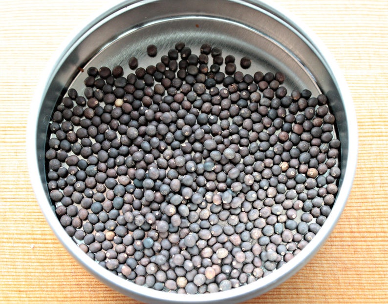May include: A metal container filled with small, dark brown seeds.