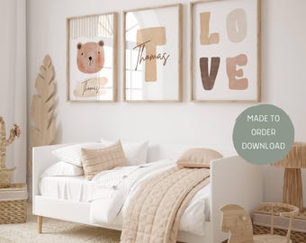 Personalized Set of 3 Bear Theme Neutral Boho Style Nursery Wall Art Print, Custom Baby Boy Name Sign, Printable Boy Nursery Wall Decor