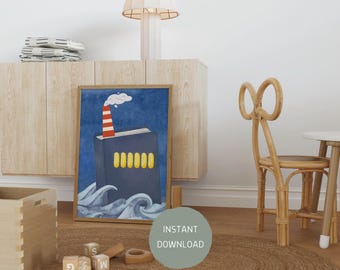 Kids Reading Poster, Watercolor Toddler Wall Art, Playroom Classroom Decor, Cute Nautical Illustration, Book Nook, Let's Read Poster