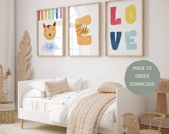 Personalized Cat Nursery Print Set, Rainbow Decor (Made To Order Download)
