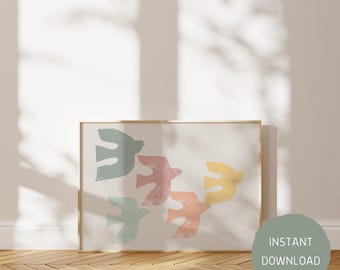 Pastel Retro Bird Print, Minimalist Boho Wall Art, Modern Scandinavian Nursery Decor, Children's Room Nursery Art, Poster for Kids, Neutral