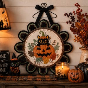 May include: A round felt wall hanging featuring a black cat sitting inside an orange jack-o'-lantern, surrounded by embroidered leaves. The piece is framed by a scalloped black and green border and hangs from a black ribbon with a bow.