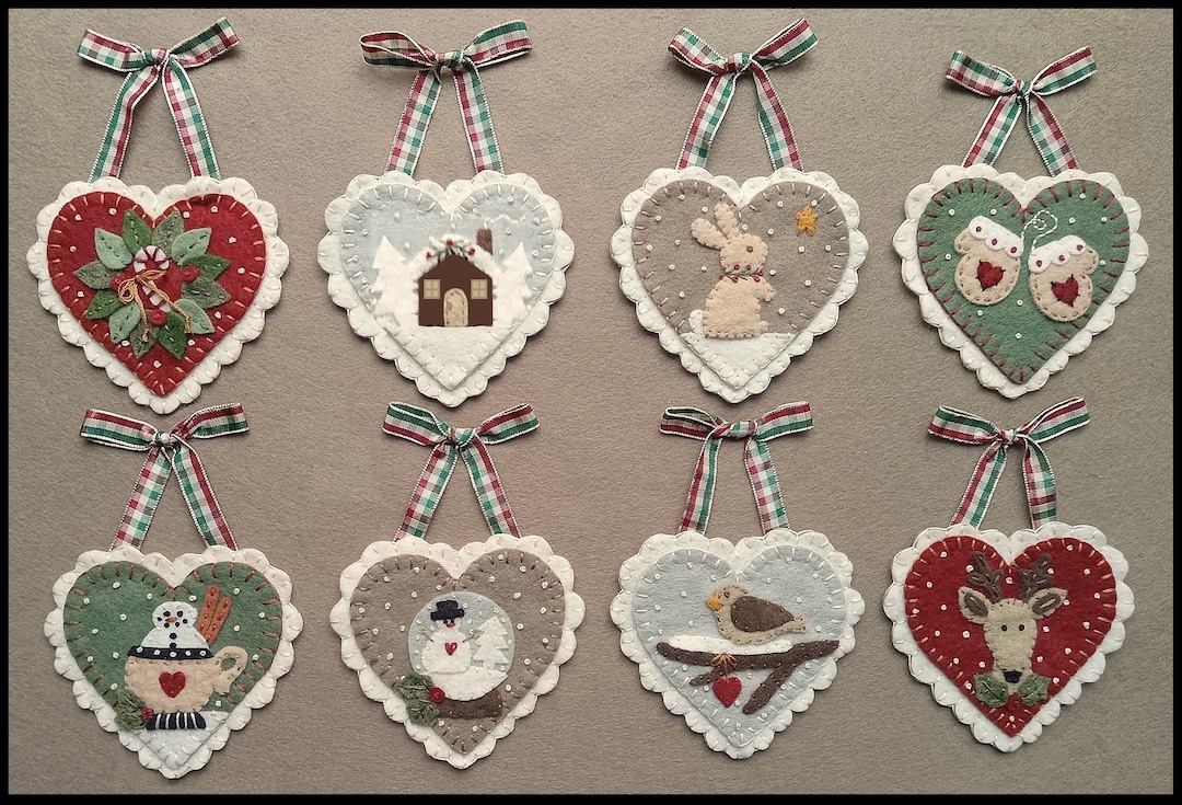 Holiday Hearts/wool Applique Christmas Ornaments, Ornies /winter MAILED ...