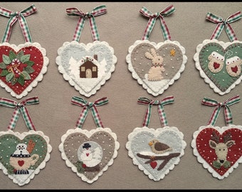 Holiday Hearts/Wool Applique Christmas Ornaments, Ornies /Winter MAILED PAPER PATTERN
