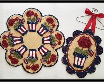 Memorial Day~Patriotic American Flag/Geranium Penny Rug/Candle Mat Set DIGITAL DOWNLOAD