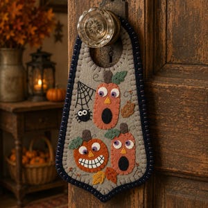 May include: A gray felt door hanger featuring three orange pumpkin characters with varied facial expressions, a black spider, and a spiderweb. The hanger has a dark blue stitched border and is suspended from a clear glass door knob on a wooden door.