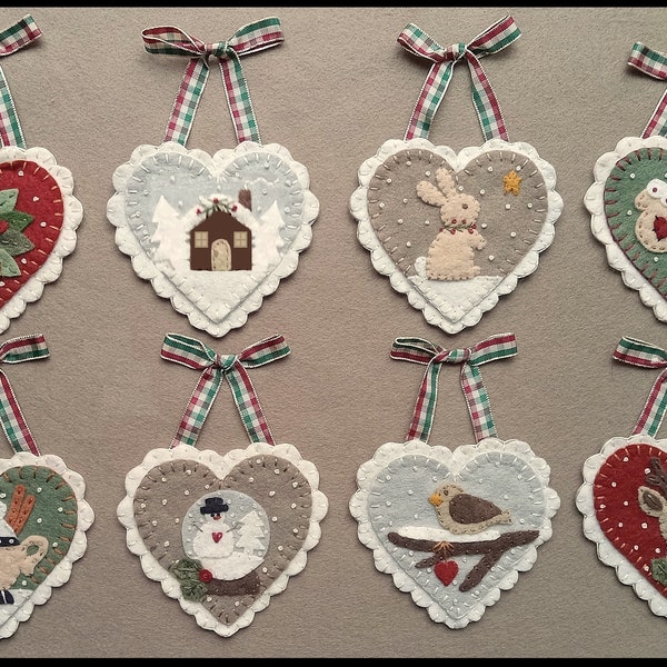 Holiday Hearts/Wool Applique Christmas Ornaments, ornies /Winter DIGITAL DOWNLOAD PATTERN