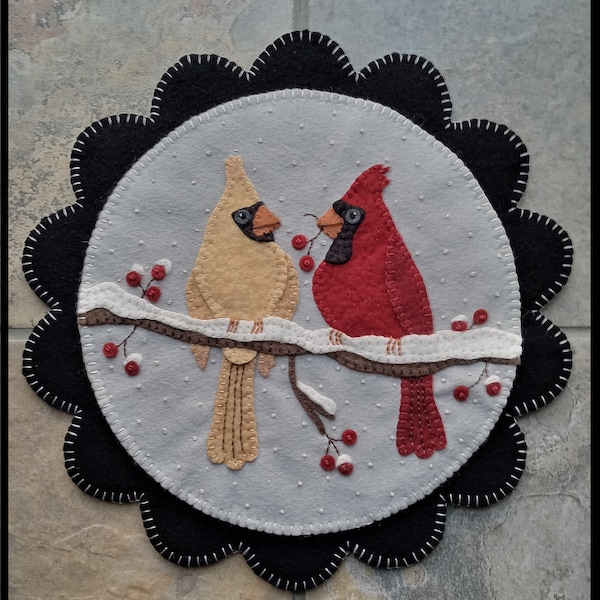 Devoted To You-Winter Cardinals penny rug wall/table mat DIGITAL PATTERN
