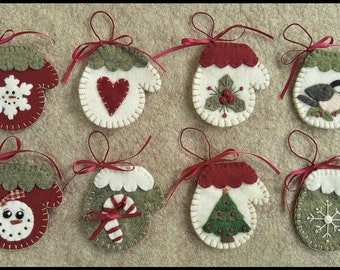 Adornos navideños con apliques de lana y mitones pequeños para invierno. DESCARGA DIGITAL.
