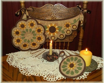 Prim Sunflowers~Chair Swag~Penny Rug~Candle Mat~Mini Mat/Mug Rug Digital Download Pattern