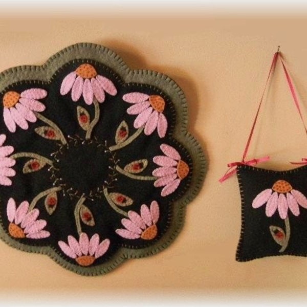 Summertime~Purple Coneflowers & Ladybugs~Penny Rug/Candle Mat DIGITAL PATTERN