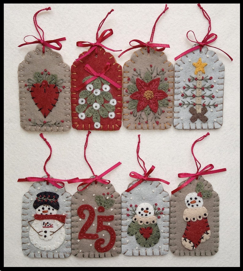 Christmas Tags/Wool Applique Christmas Ornaments, ornies, gift tags /Winter DIGITAL DOWNLOAD PATTERN image 1
