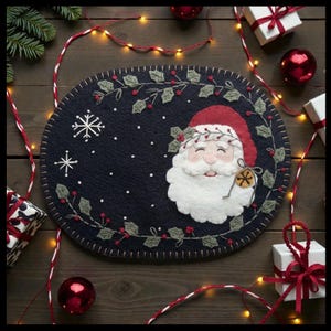 May include: Oval Christmas placemat featuring a smiling Santa Claus with a red hat and white beard, surrounded by holly and snowflakes. The dark blue mat is edged with a brown stitch. Presents and ornaments are arranged around the mat.