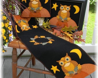 Night Watchman~Owl, moon, star, autumn Table Runner/Candle Mat DIGITAL PATTERN