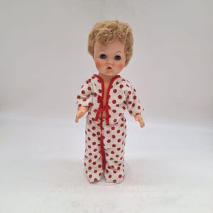 Mid Century doll vinyl hard plastic sleep blue eyes rooted blond hair flannel clothes 12&quot;