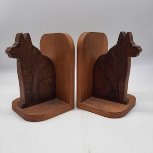 Vintage folk art kitty cat tabby wooden bookends handmade hardwood