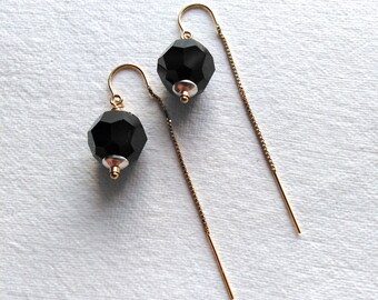 Black Crystal 14K Gold Filled Chain Threader Earrings, Black Swarovski® Crystal Gold Threaders, black bead ear threaders, mixed metal