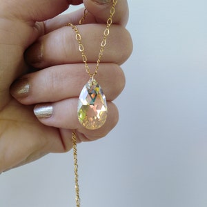 Large Crystal 14k Gold Filled Chain Necklace, Swarovski® Elements Aurora Borealis Crystal Gold Necklace, AB Crystal Teardrop Necklace image 1