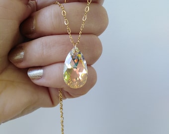 Large Crystal 14k Gold Filled Chain Necklace, Swarovski® Elements Aurora Borealis Crystal Gold Necklace, AB Crystal Teardrop Necklace