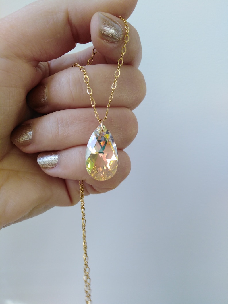 Large Crystal 14k Gold Filled Chain Necklace, Swarovski® Elements Aurora Borealis Crystal Gold Necklace, AB Crystal Teardrop Necklace image 1