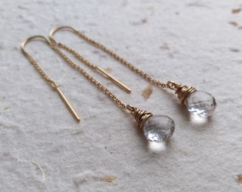 AAA Rock Crystal 14K Gold Filled Chain Threader Earrings, Natural Clear Gemstone 14k Gold Filled Ear Threaders, April Birthstone Earrings